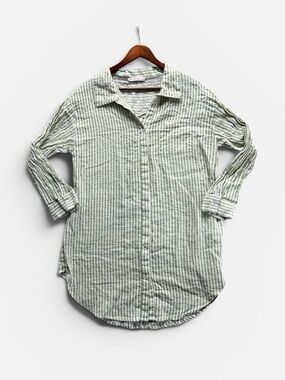 Salty Lemon Green & White 100% Cotton Seersucker Stripe Shirt Dress – Size Large